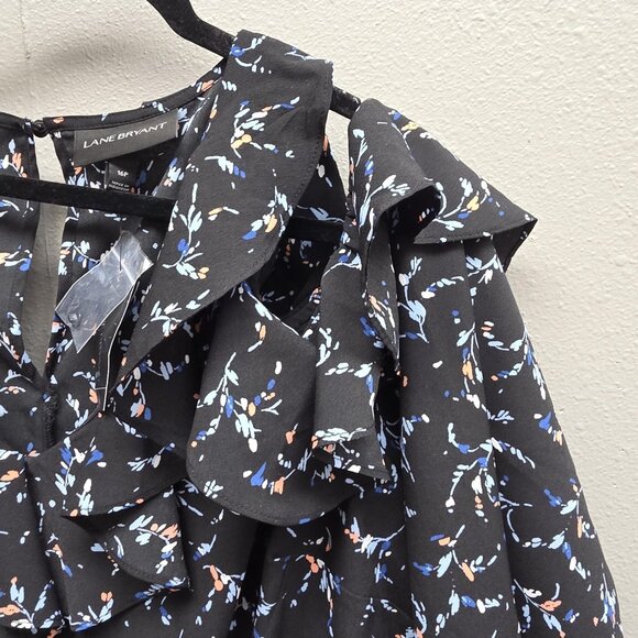 Lane Bryant Dress Womens 16P Black Floral Ruffle Cold Shoulder Belted Midi - Picture 3 of 14